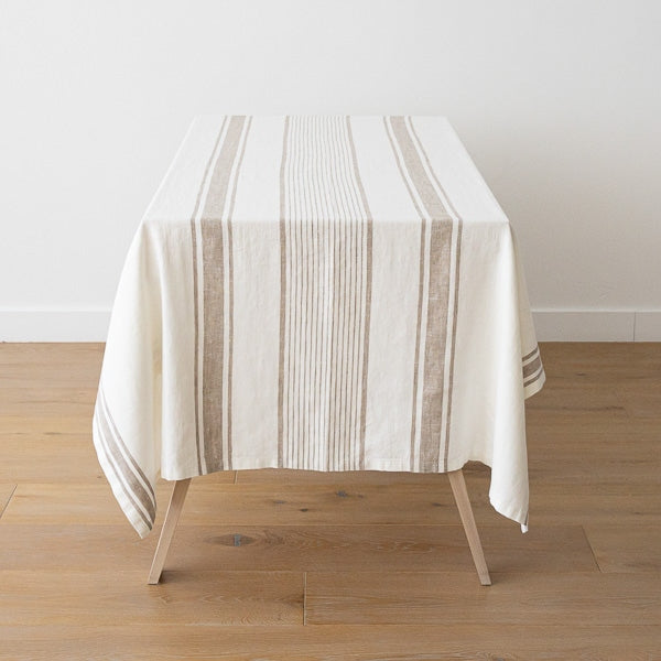 Taupe and White Stripe Linen Table Cloth