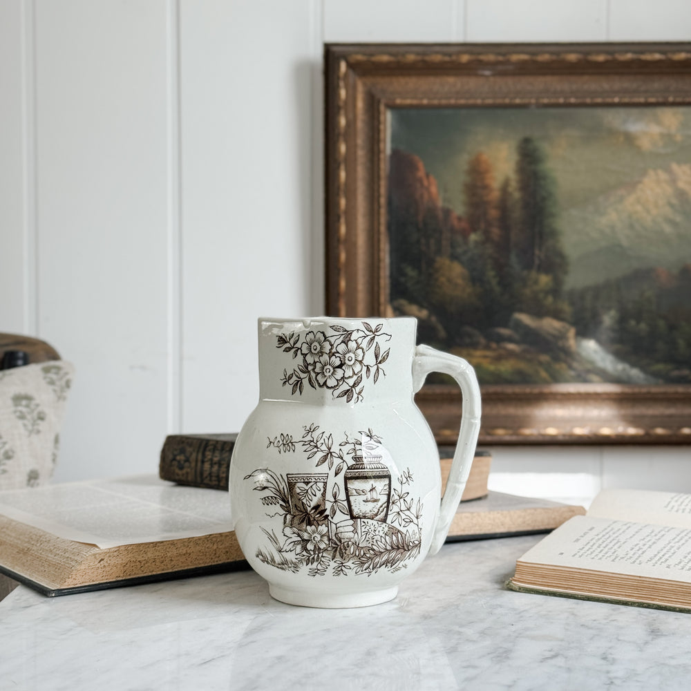 Antique Ironstone Brown Transferware Pitcher