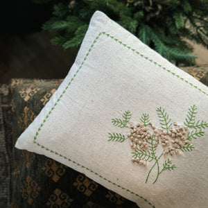 Embroidered Linen Mistletoe Pillow.