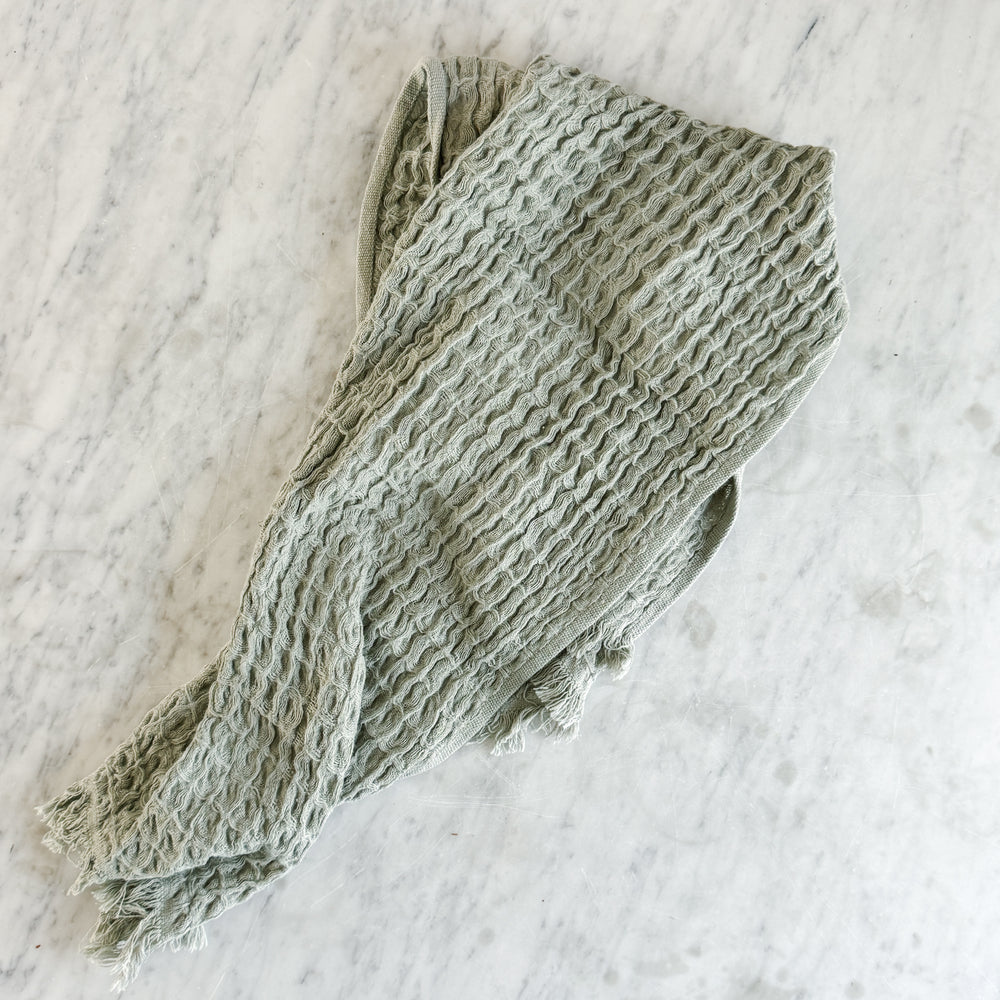Olive Grey Waffle Knit Hand Towel.