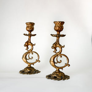 Vintage gold filigree metal taper holder pair.