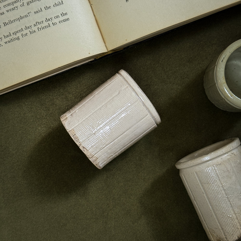 Antique stoneware xsmall marmalade crock jar.