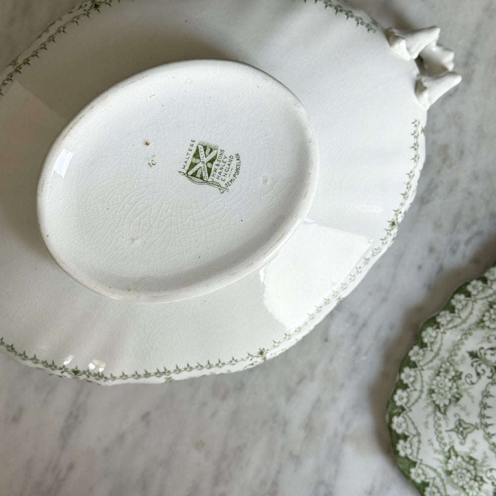 Antique green and white Hanley tureen w/lid.