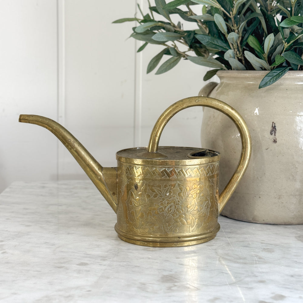 Vintage brass gold floral embossed watering can