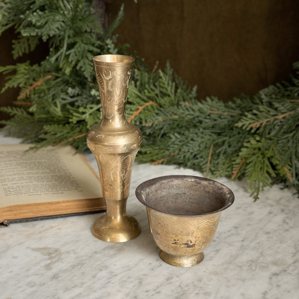 Vintage Brass Pot and Vase Pair
