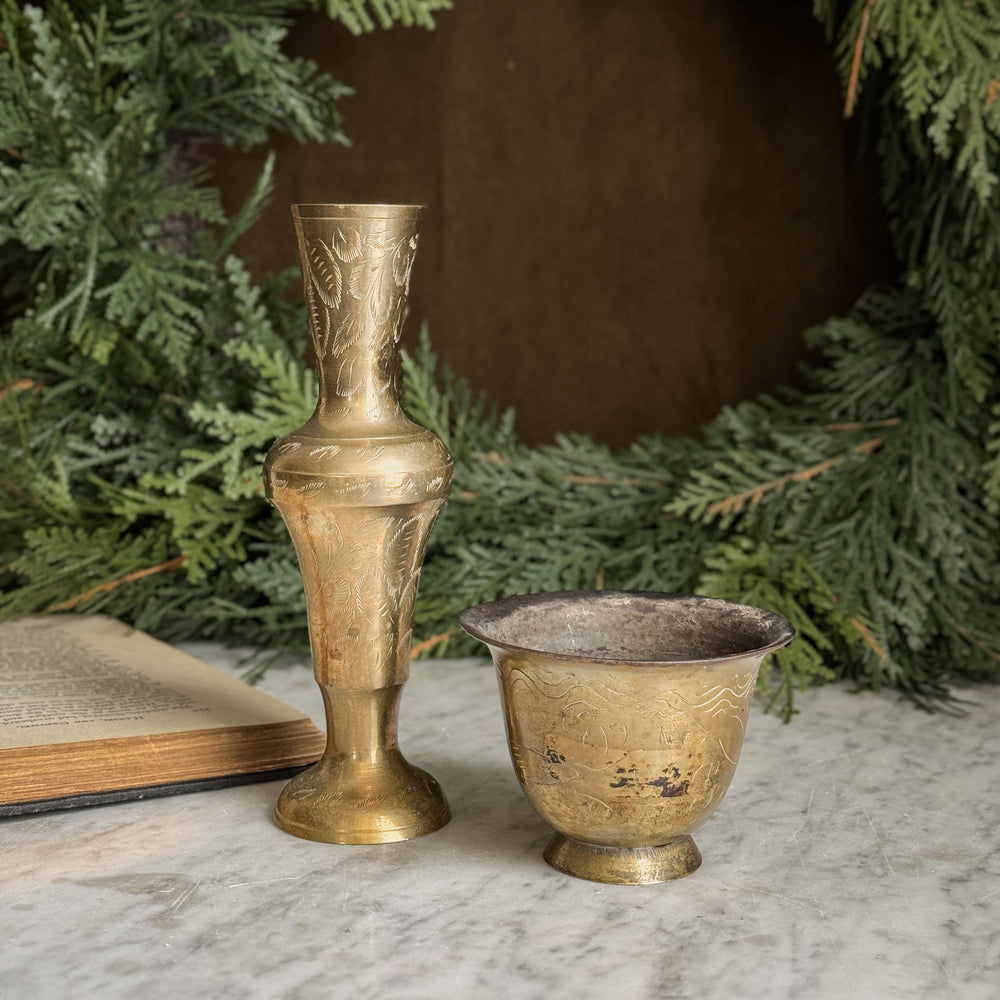 Vintage Brass Pot and Vase Pair