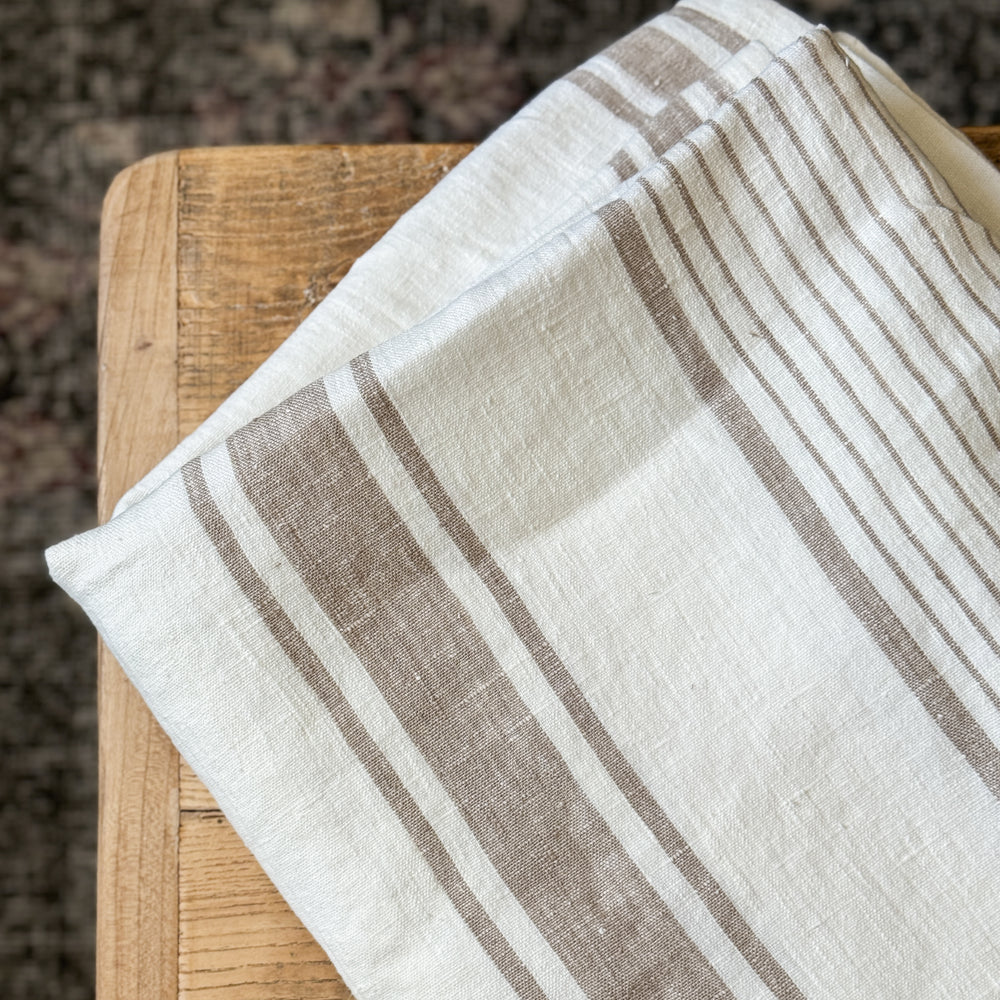 Taupe and White Stripe Linen Table Cloth