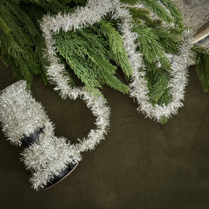 Vintage style silver tinsel garland.