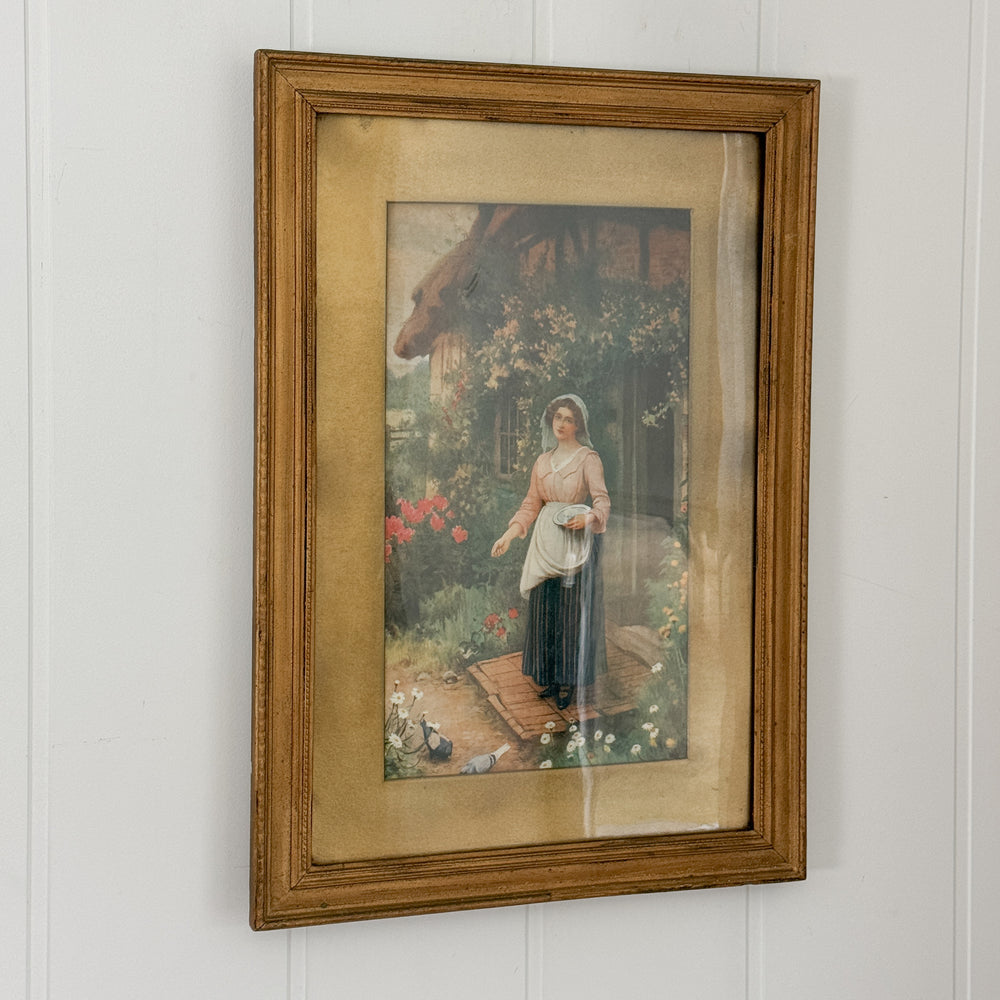Vintage golden lady pigeon print I.