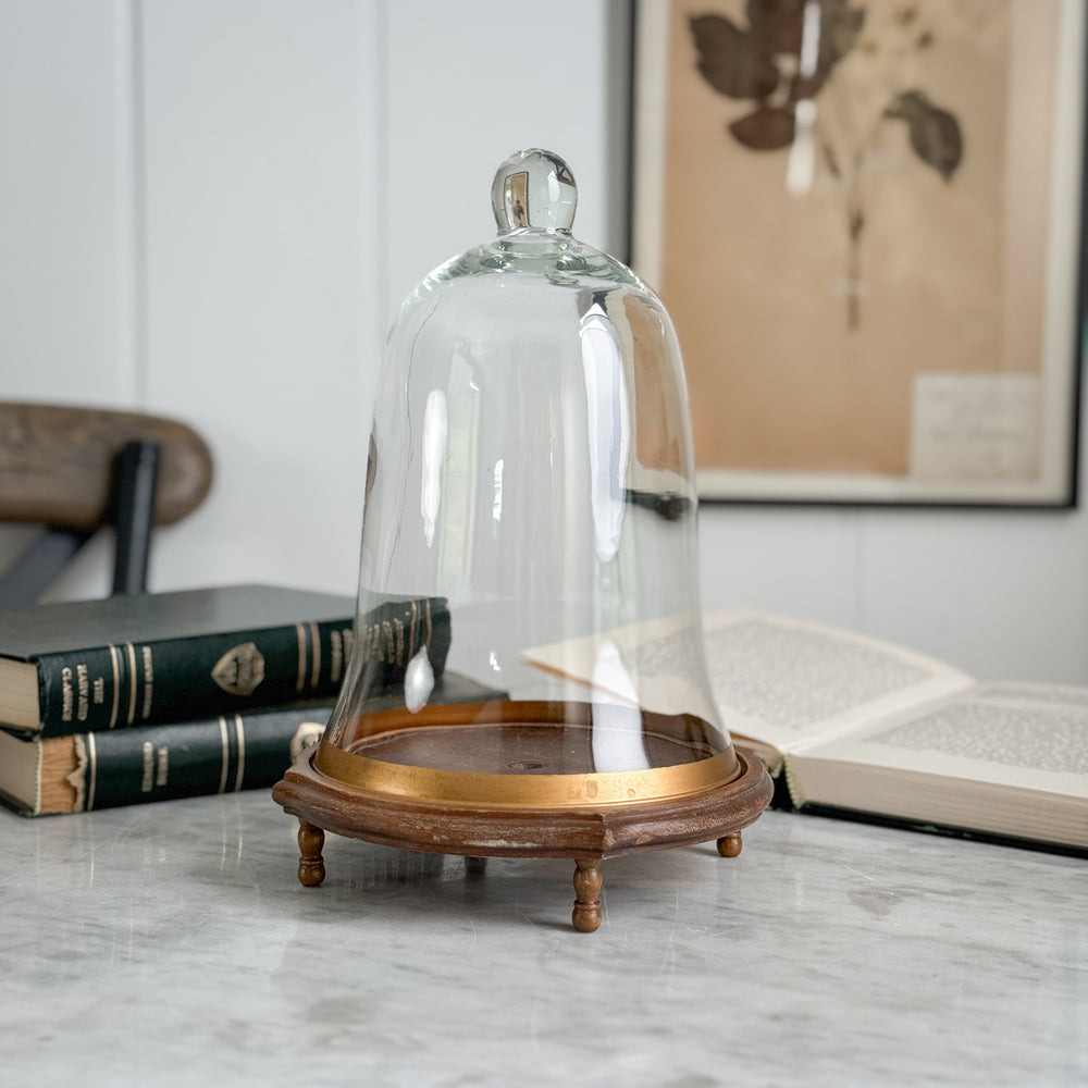 Vintage Glass Cloche with Wooden Stand