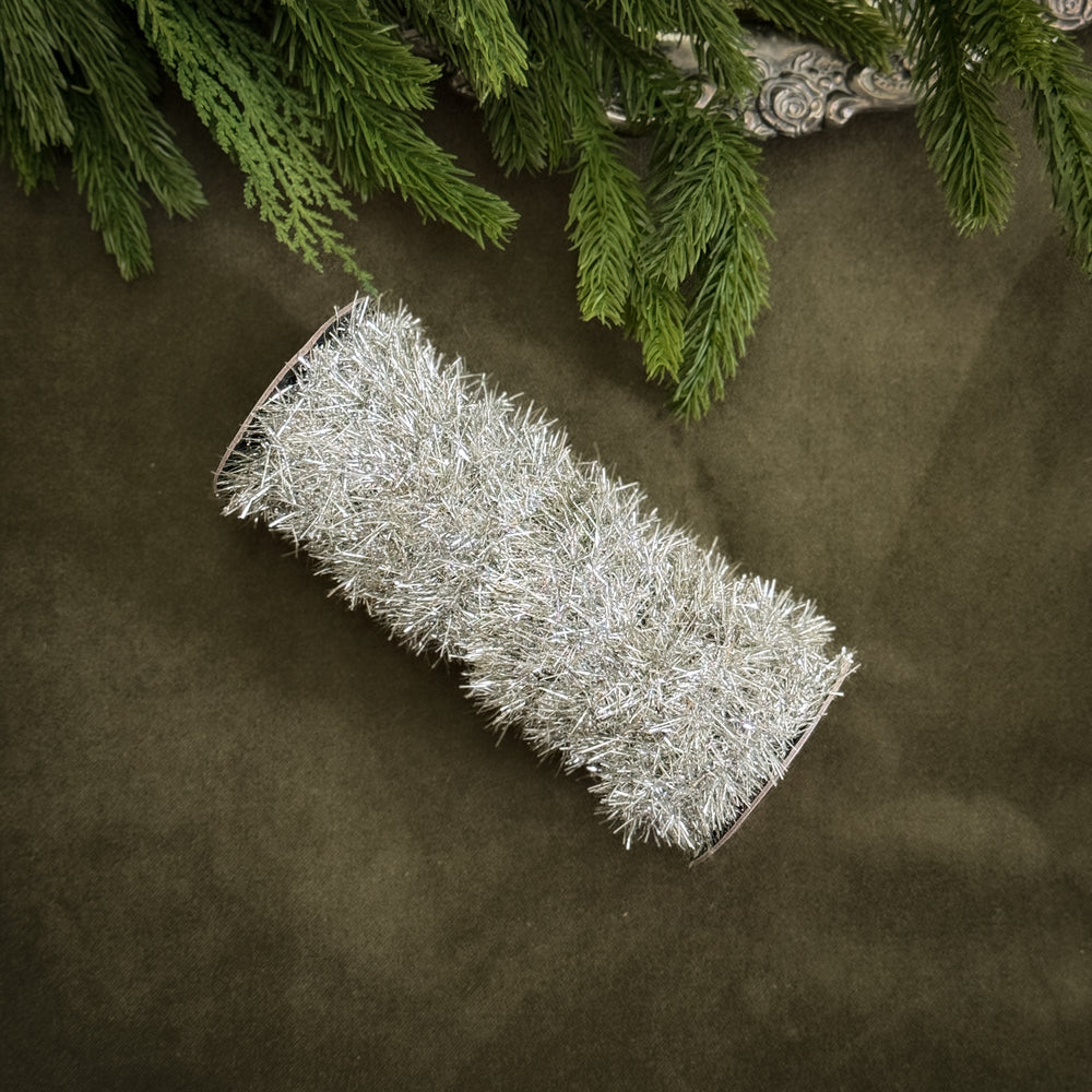 Vintage style silver tinsel garland.