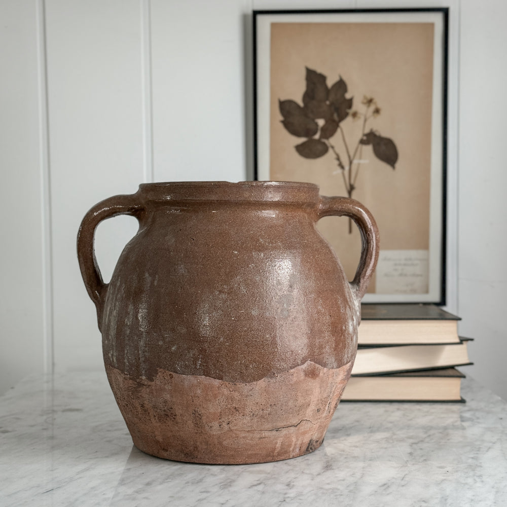 Vintage Double Handle Brown Pottery Vase.