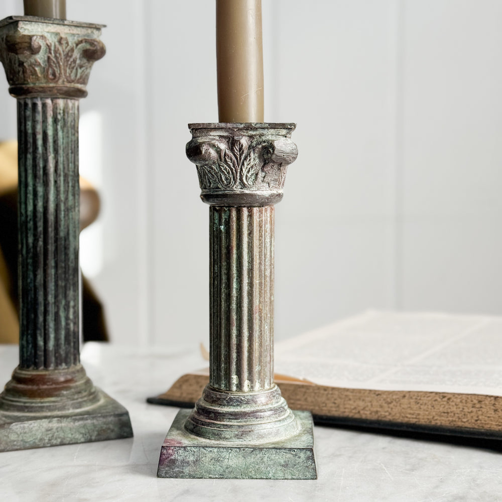 Vintage patina column taper candleholder pair.
