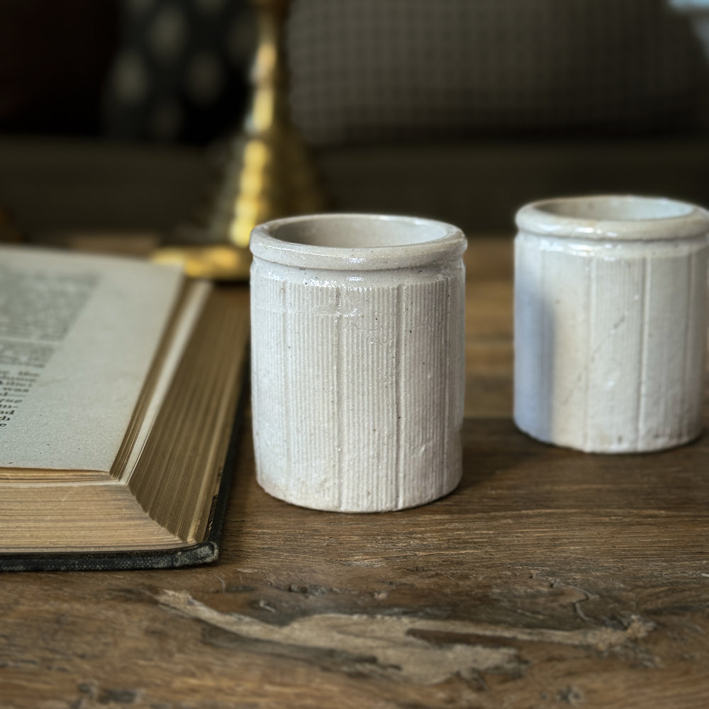 Antique stoneware xsmall marmalade crock jar.