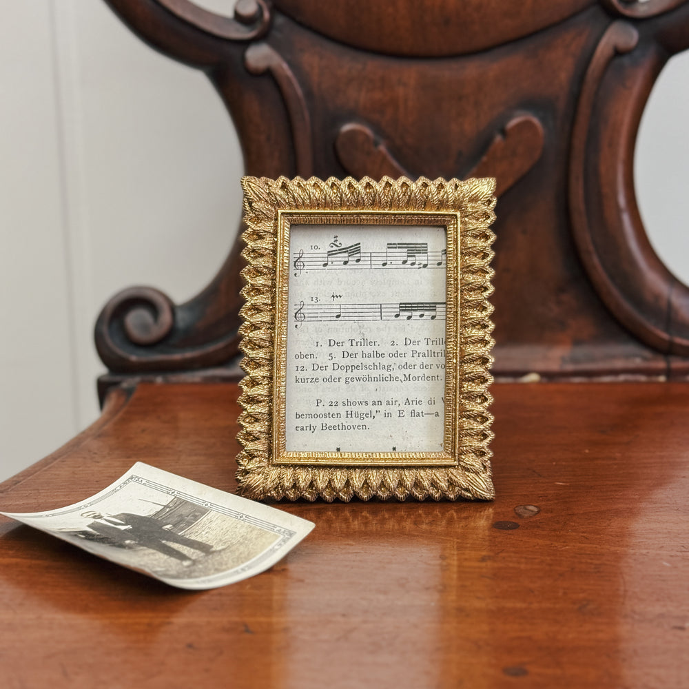 Antiqued Gold Feathered Frame.