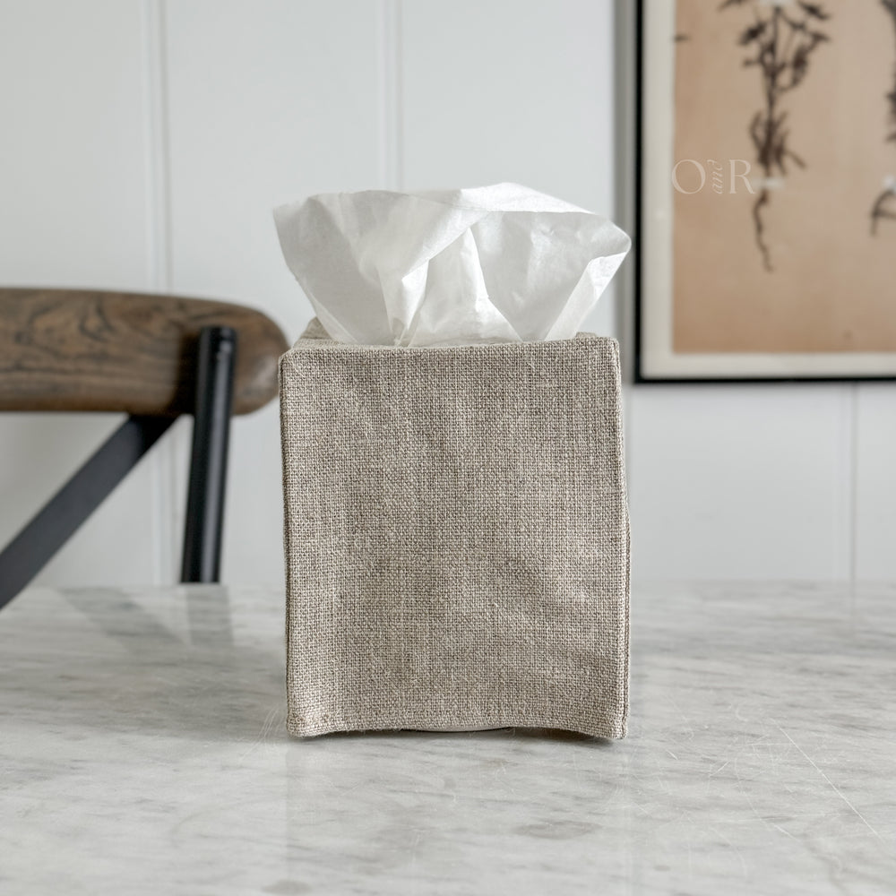 Linen tissue box cover.