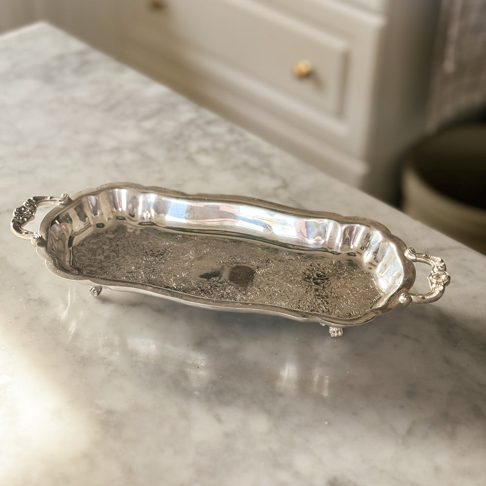 Vintage skinny sliverplate tray with feet