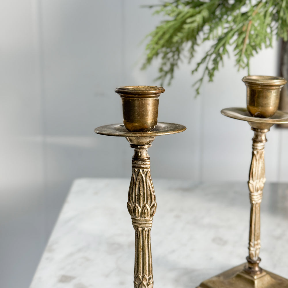 Vintage pair brass column taper candleholders.