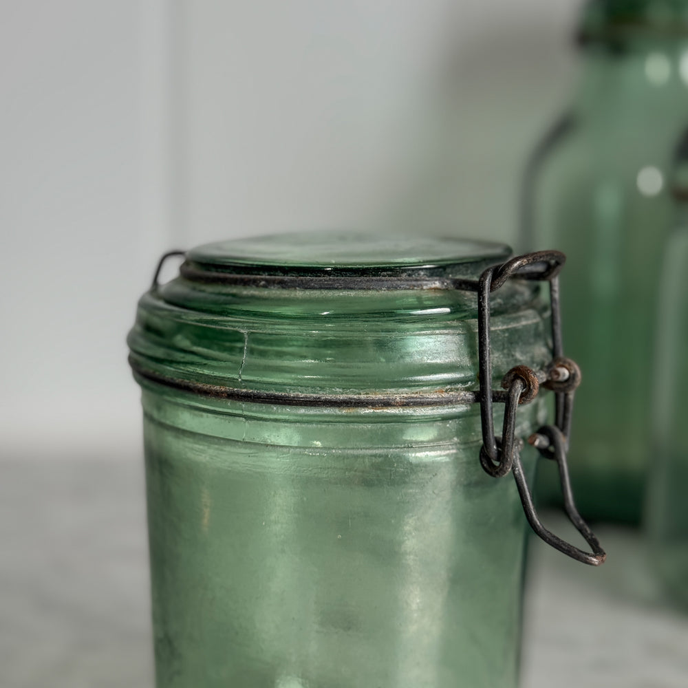 Vintage M Wide Green Glass Canning Jar- FRANCE