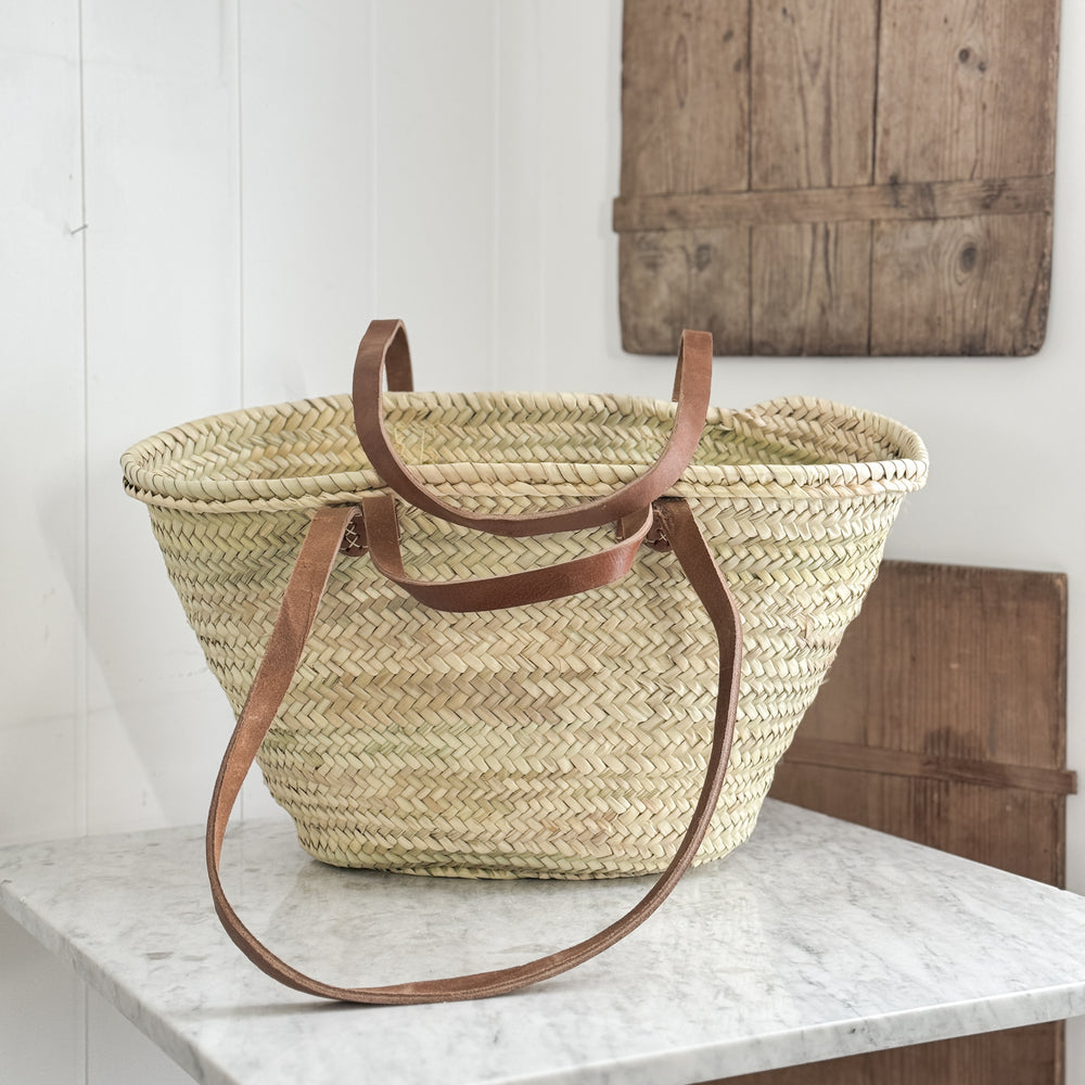 Woven Market Bag with Long Leather Strap.