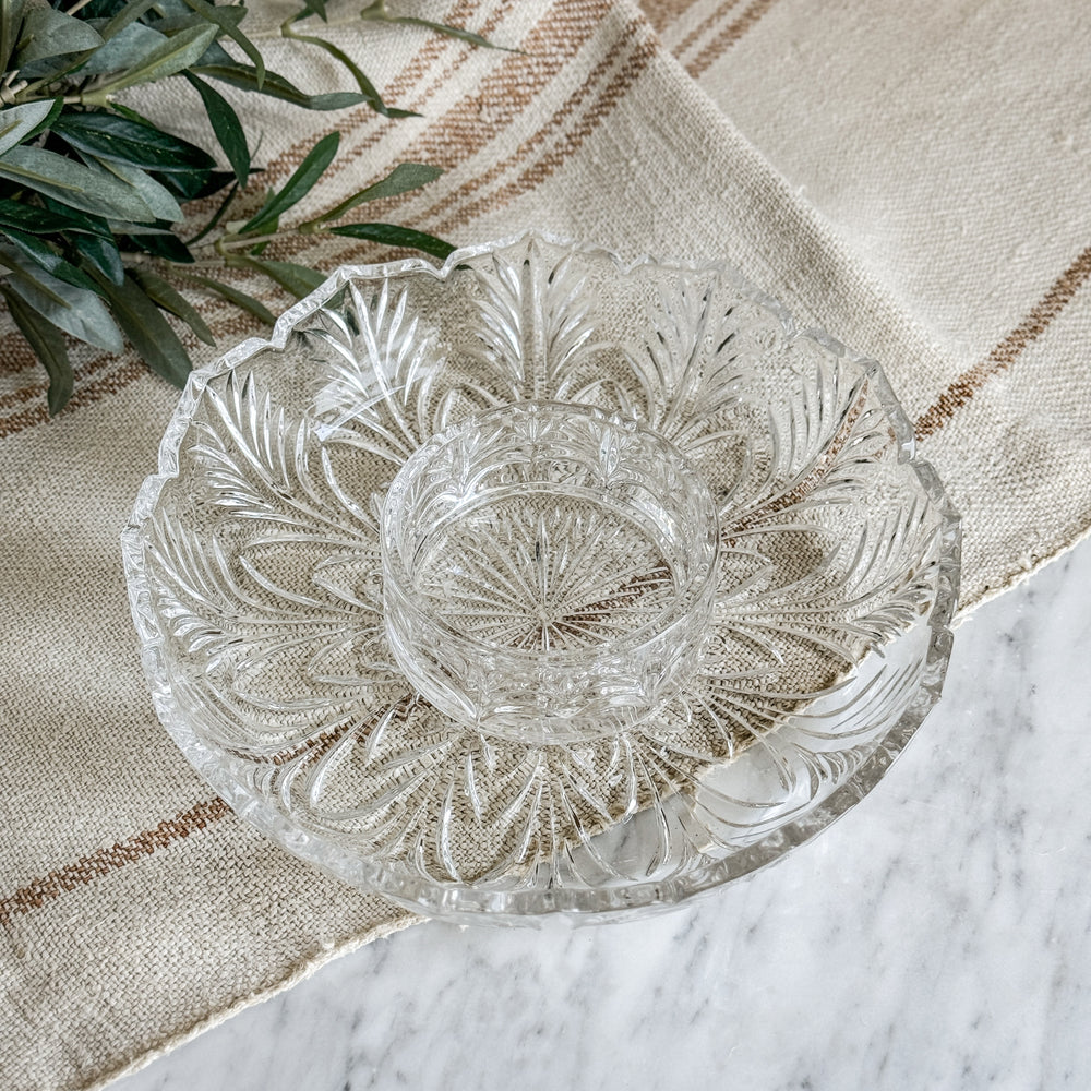 Vintage cut glass cocktail plate set with bowl insert