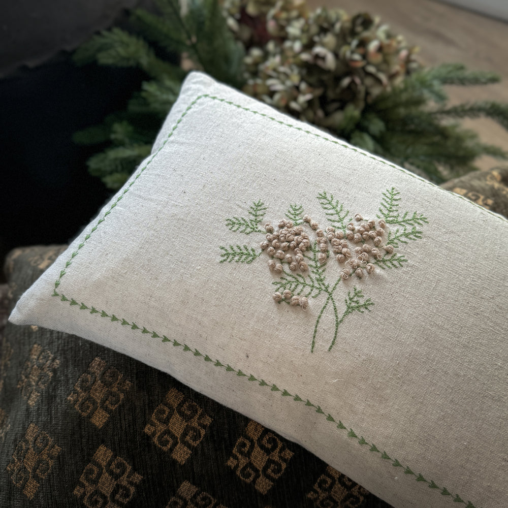 Embroidered Linen Mistletoe Pillow.