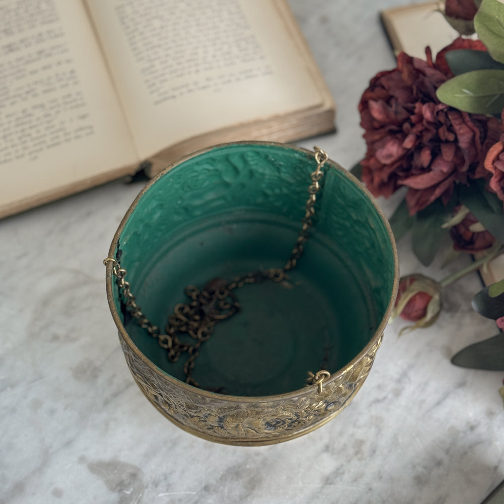 Vintage Brass Rose Hanging Planter.