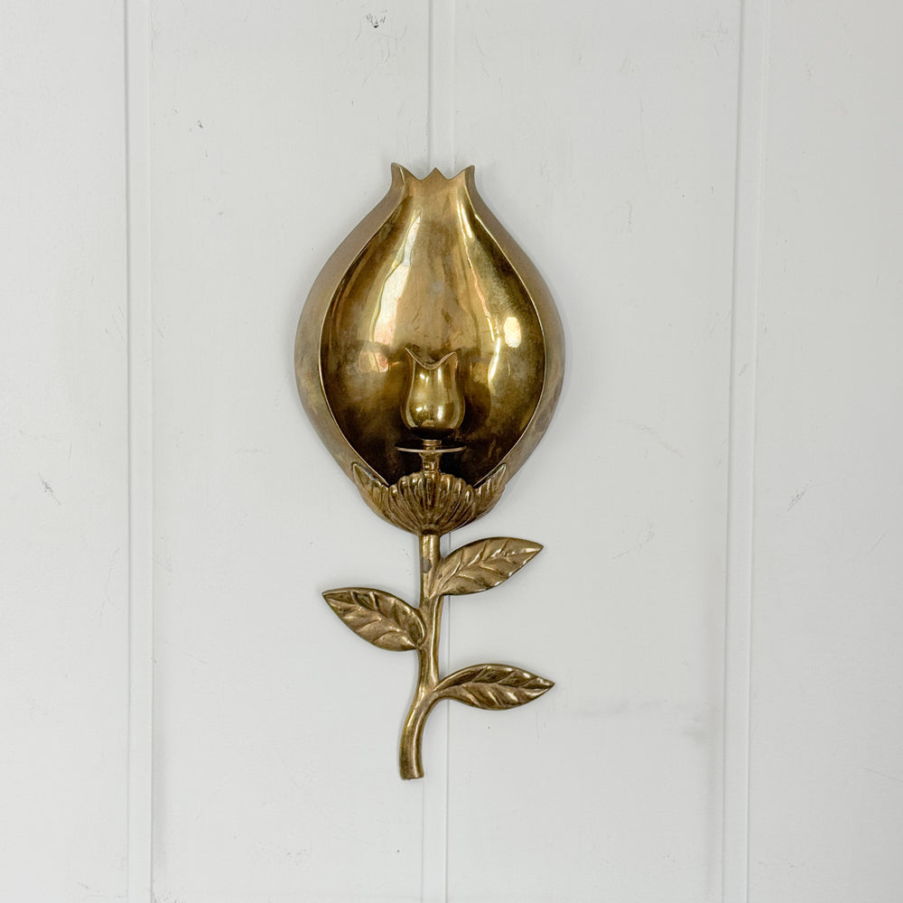 Vintage brass tulip taper wall sconce pair.
