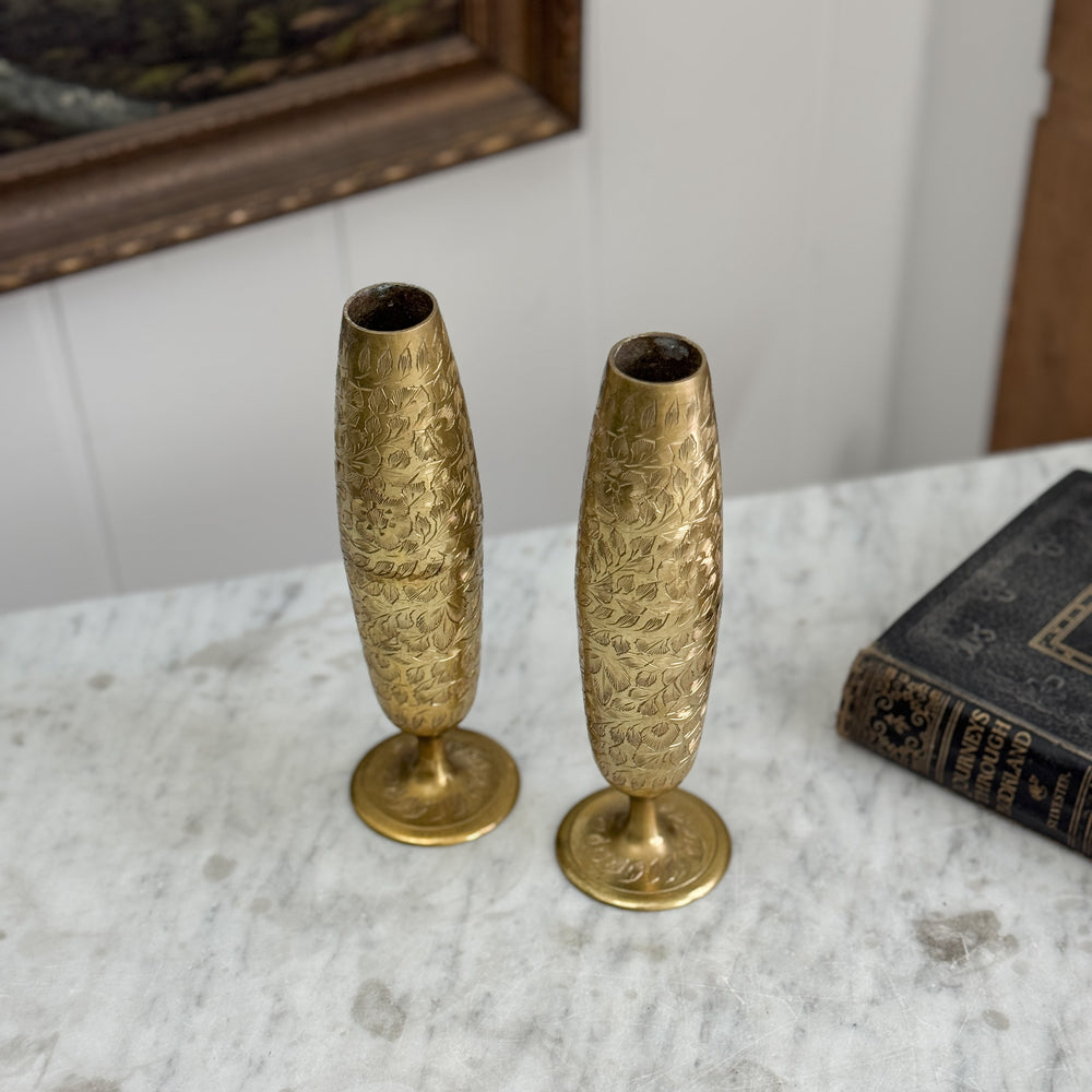 Vintage brass etched skinny tapered vase.