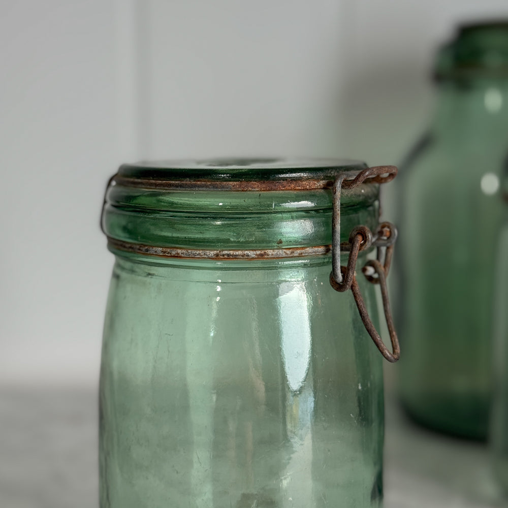 Vintage M Wide Green Glass Canning Jar- FRANCE