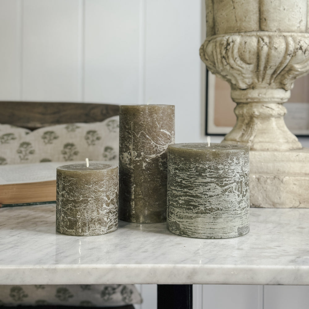 Olive Pillar Candles.