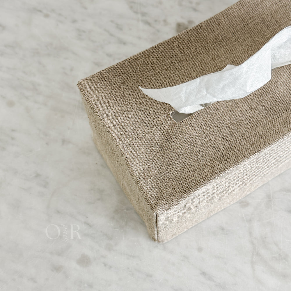 Linen tissue box cover.