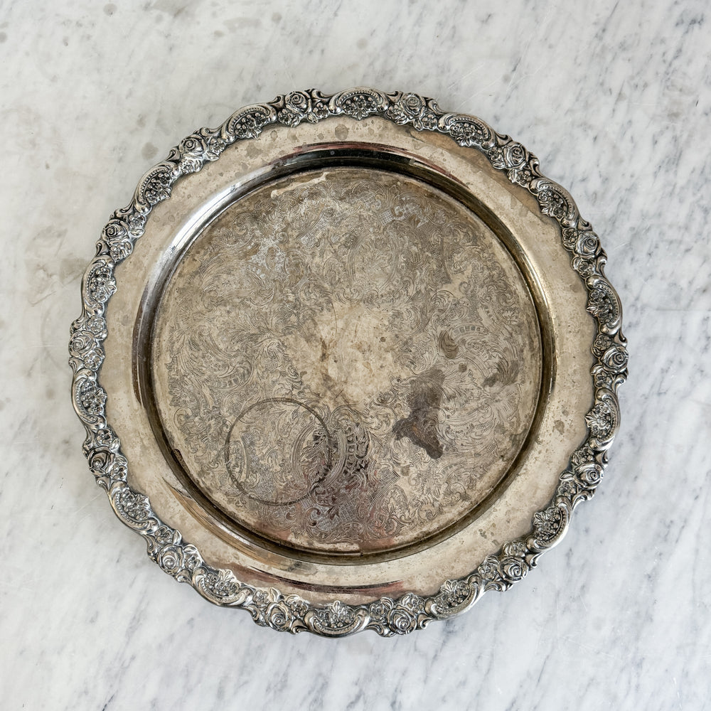 Vintage round floral silverplate tray.