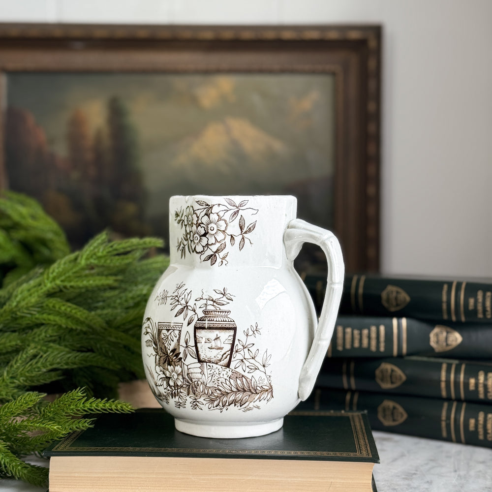 Antique Ironstone Brown Transferware Pitcher.
