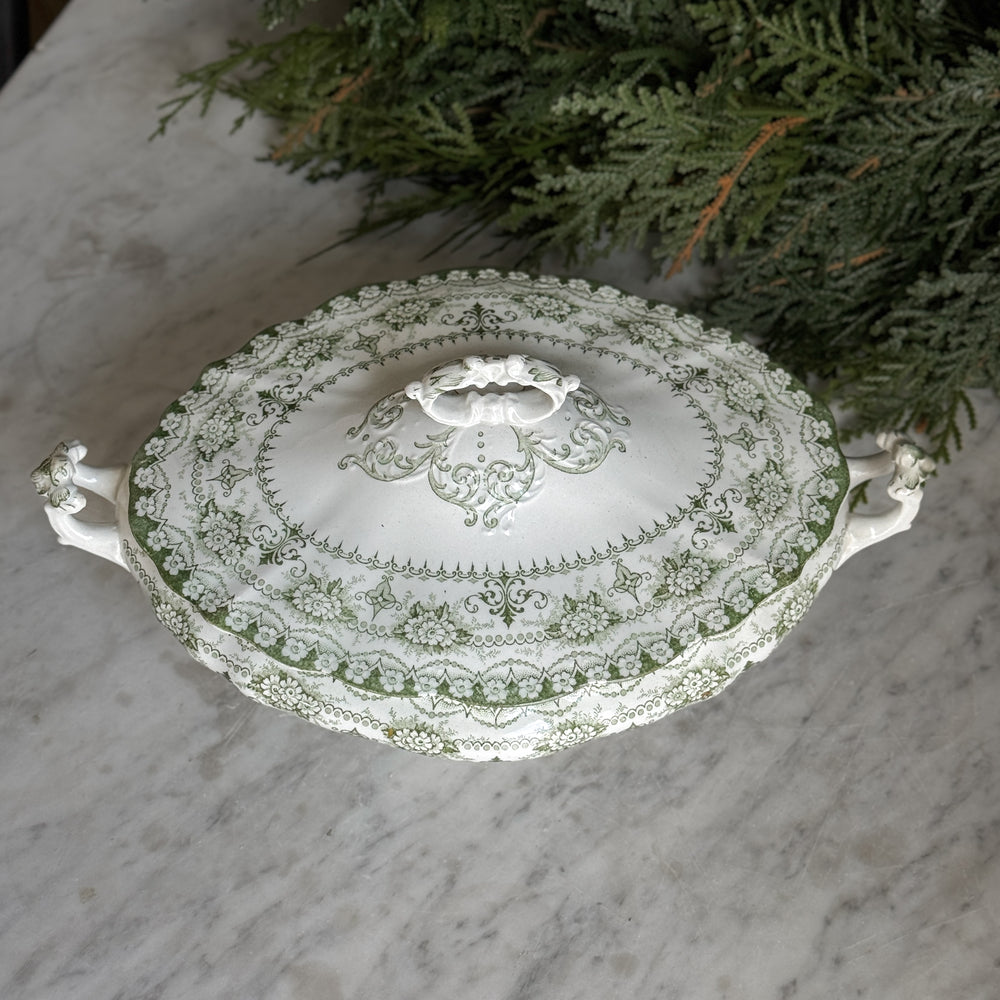 Antique green and white Hanley tureen w/lid.