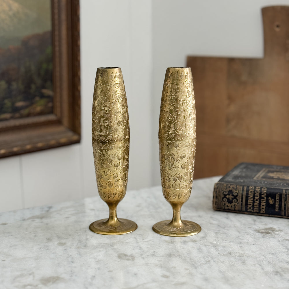 Vintage brass etched skinny tapered vase.
