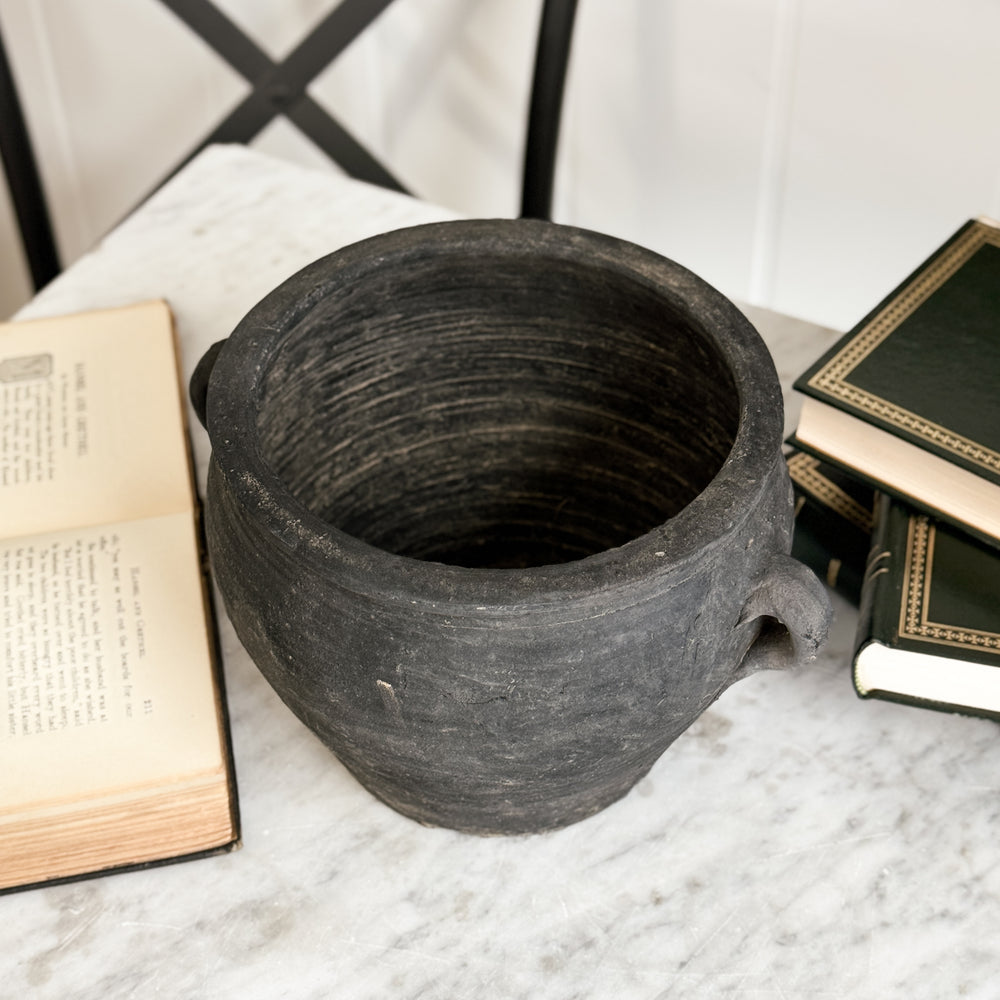 Vintage black pottery small w/ handles.
