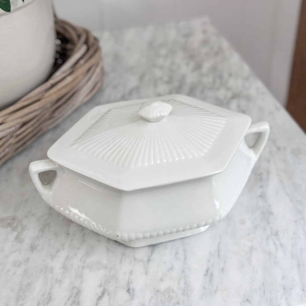 Antique white ironstone simple lidded compote bowl