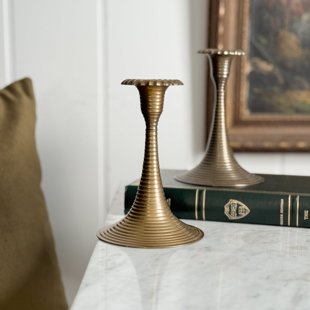 Vintage Brass Ribbed Taper Pair