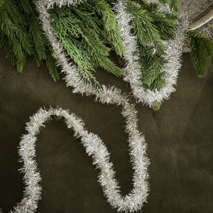 Vintage style silver tinsel garland.