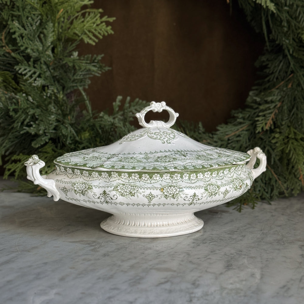 Antique green and white Hanley tureen w/lid.