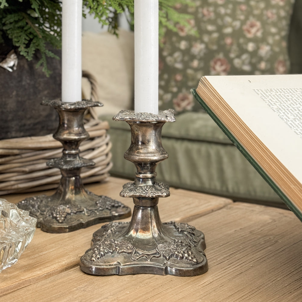 Vintage silverplate taper pair short grape.