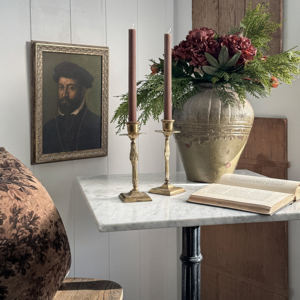 Vintage pair brass column taper candleholders.