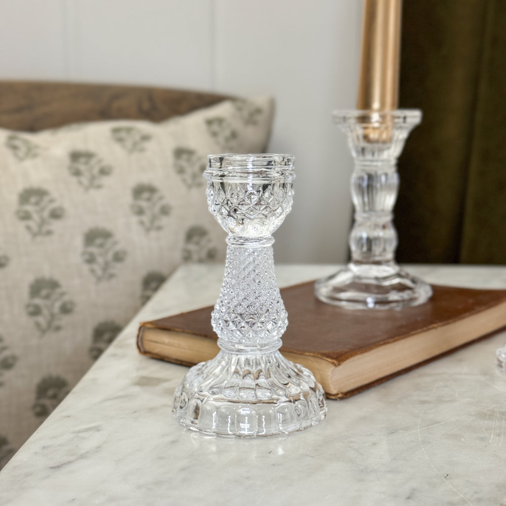 Pressed glass taper candleholder.