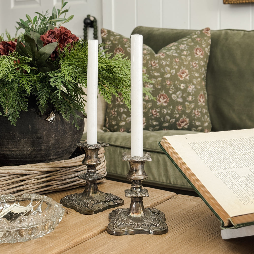 Vintage silverplate taper pair short grape.