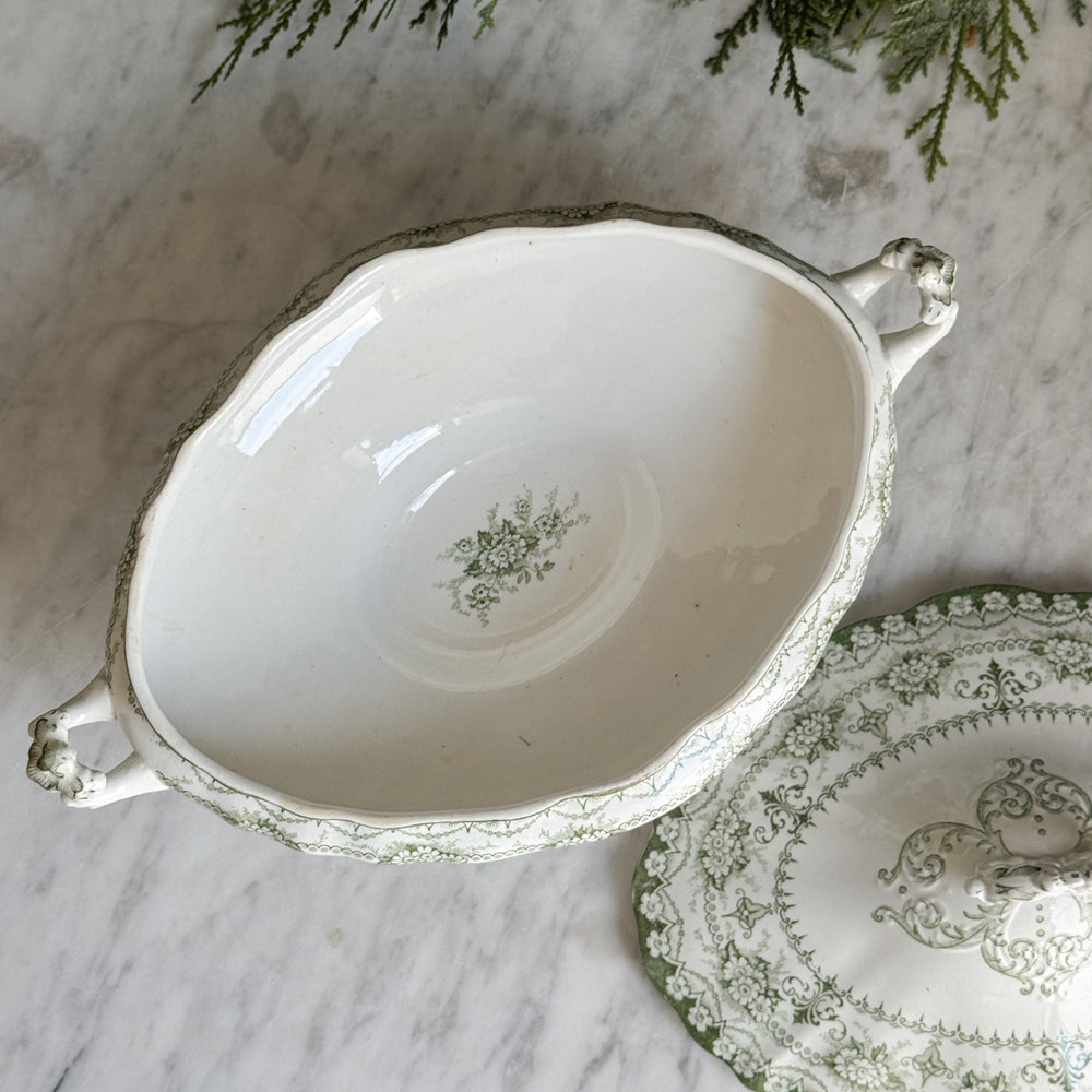 Antique green and white Hanley tureen w/lid.