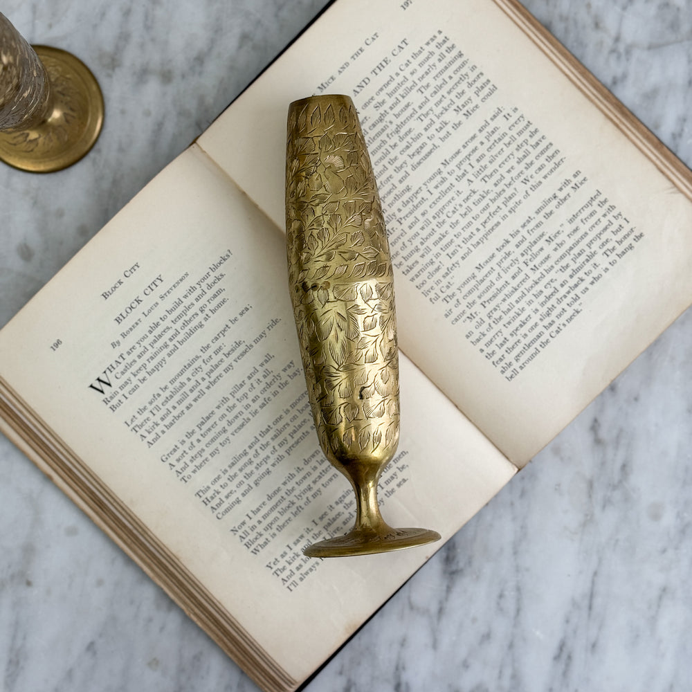 Vintage brass etched skinny tapered vase.