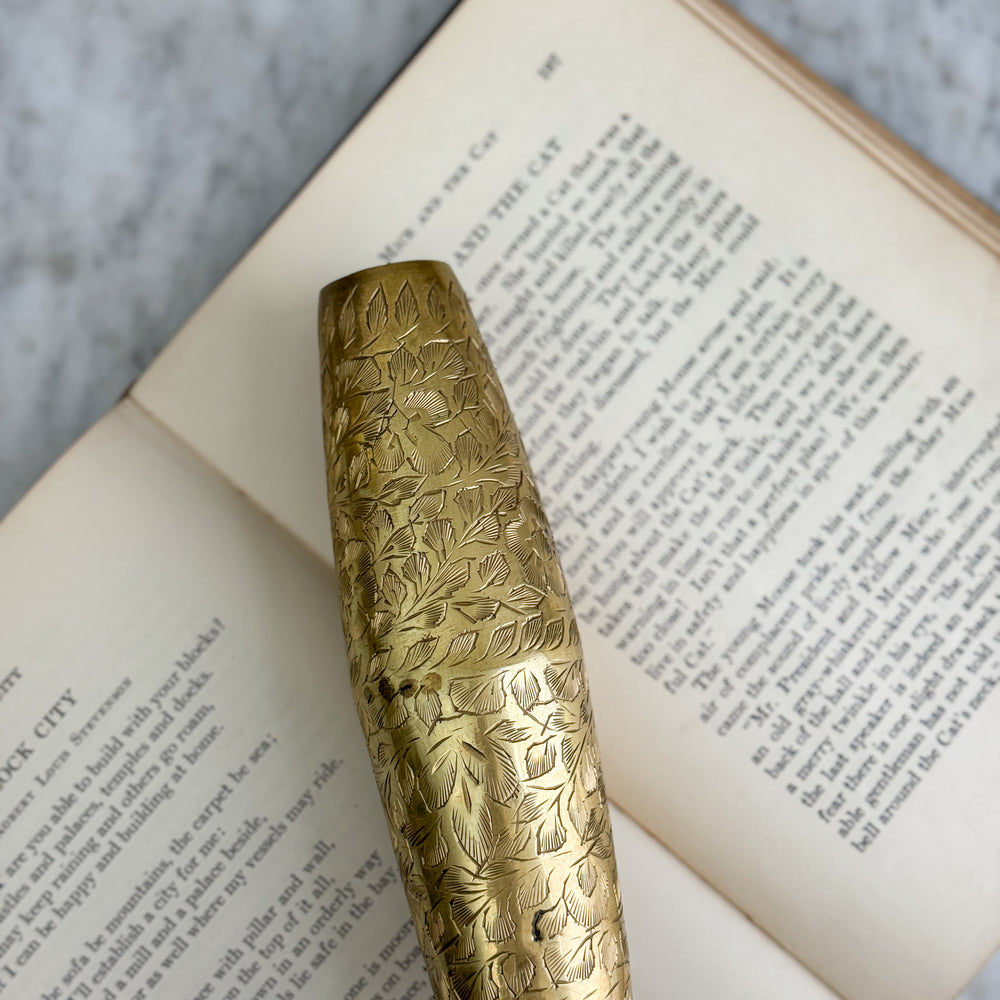 Vintage brass etched skinny tapered vase.