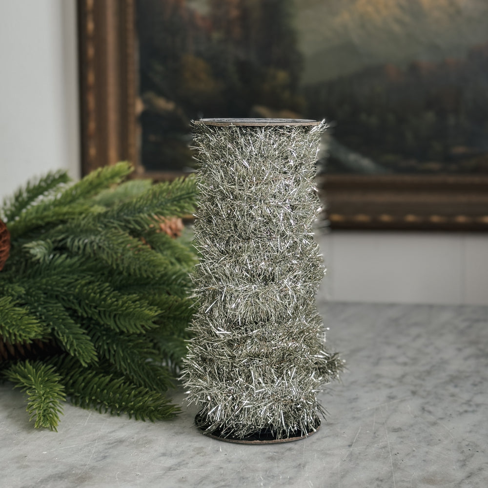 Vintage style silver tinsel garland.