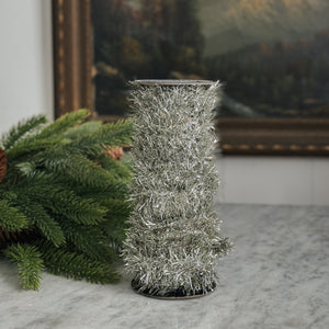 Vintage style silver tinsel garland.